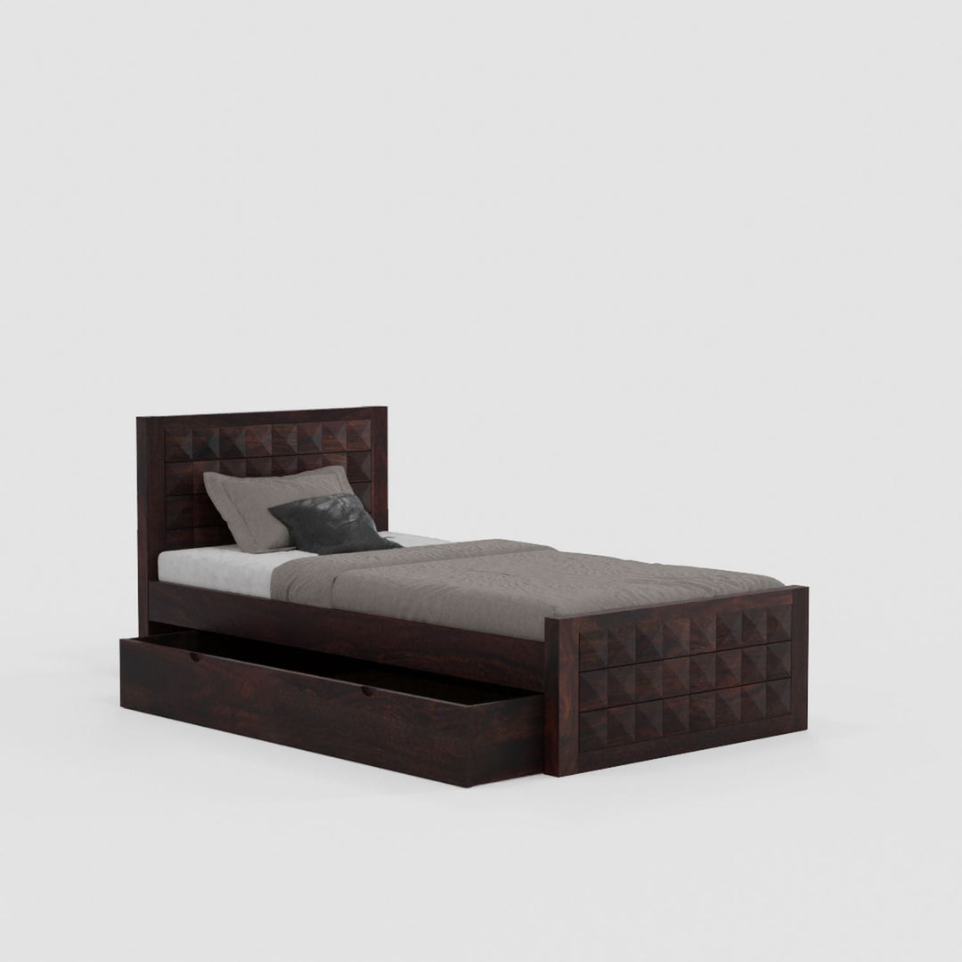 Damiana Solid Sheesham Wood Single Bed With One Drawer (Walnut Finish)