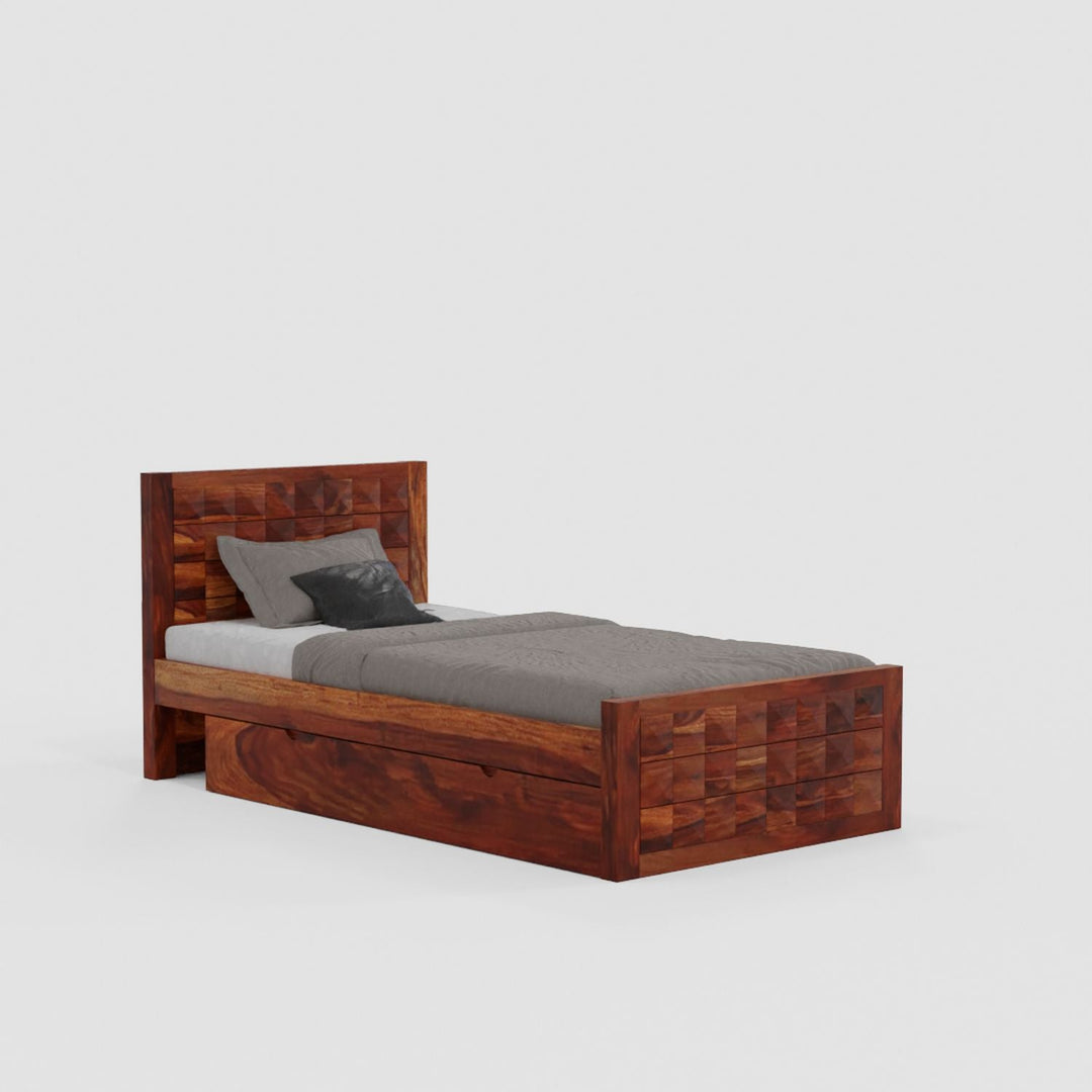 Felisa Solid Sheesham Wood Single Bed With One Drawer (Natural Finish)