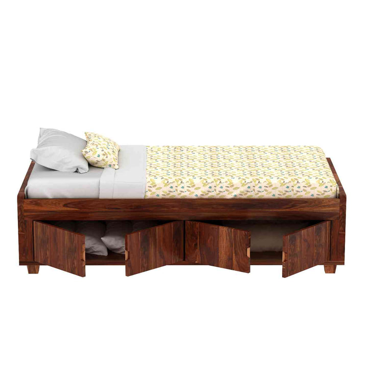 Jacinta Solid Sheesham Wood Single Bed Cum Day Bed With Door Storage (With Mattress, Natural Finish)
