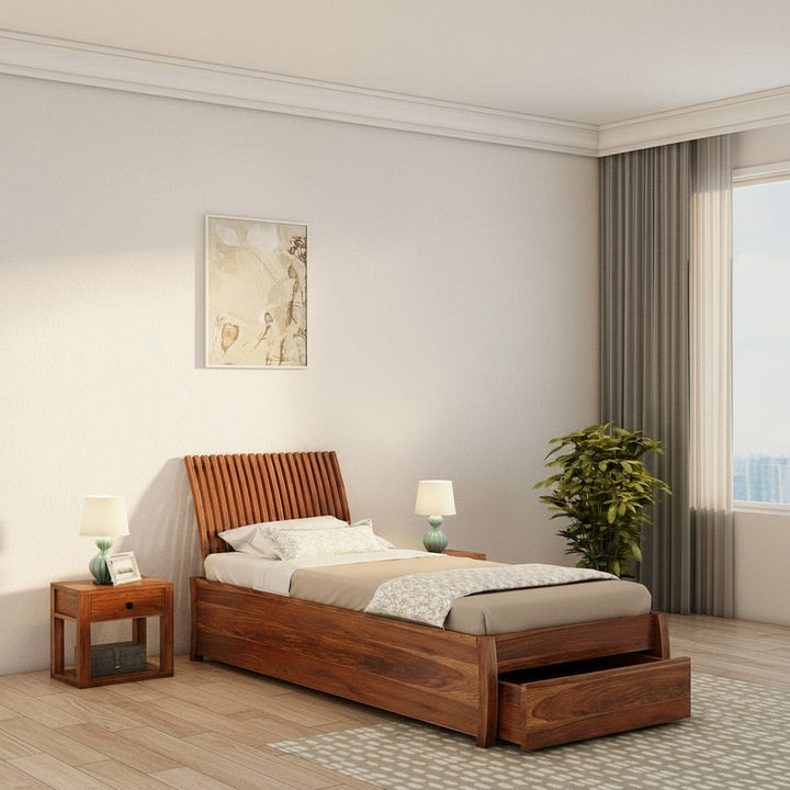 Adela Solid Sheesham Wood Single Bed With Drawer Storage (Natural Finish)