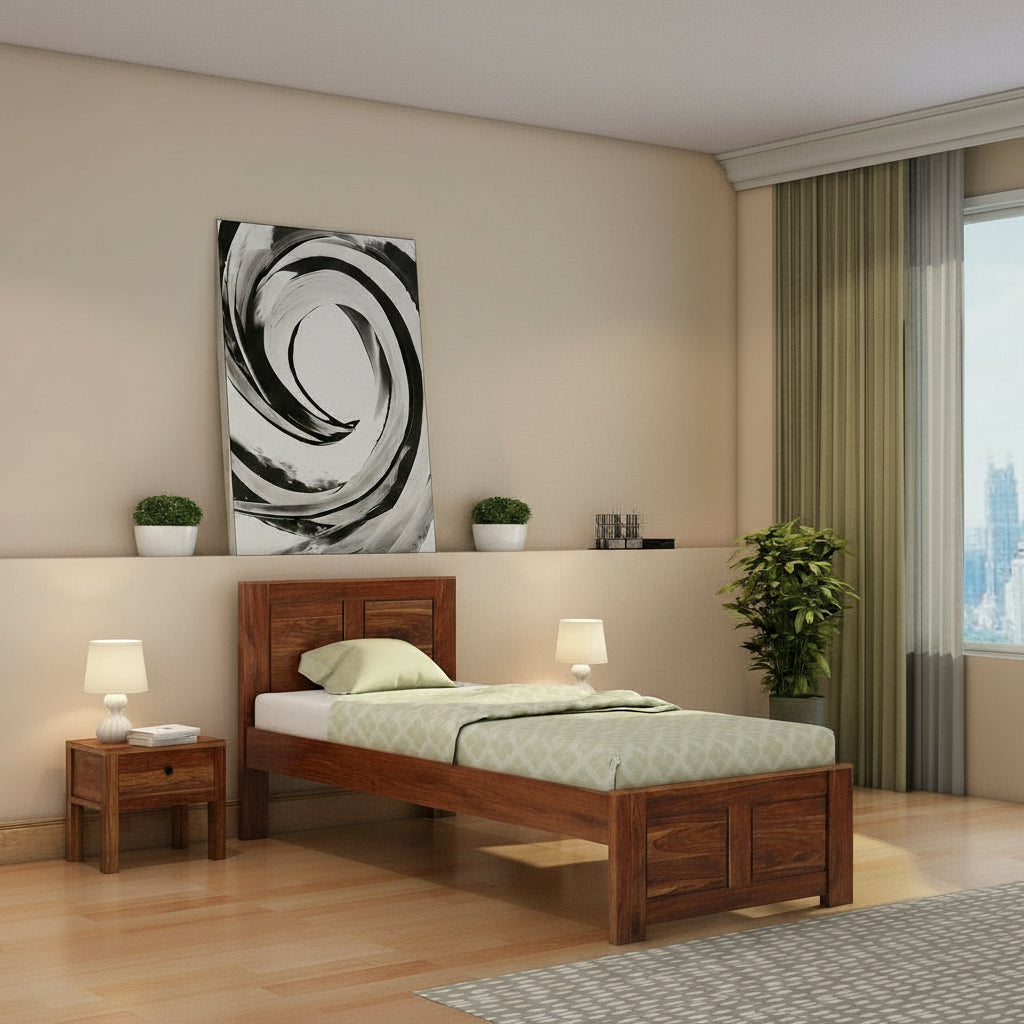 Adriana Solid Sheesham Wood Single Bed Without Storage (Natural Finish)