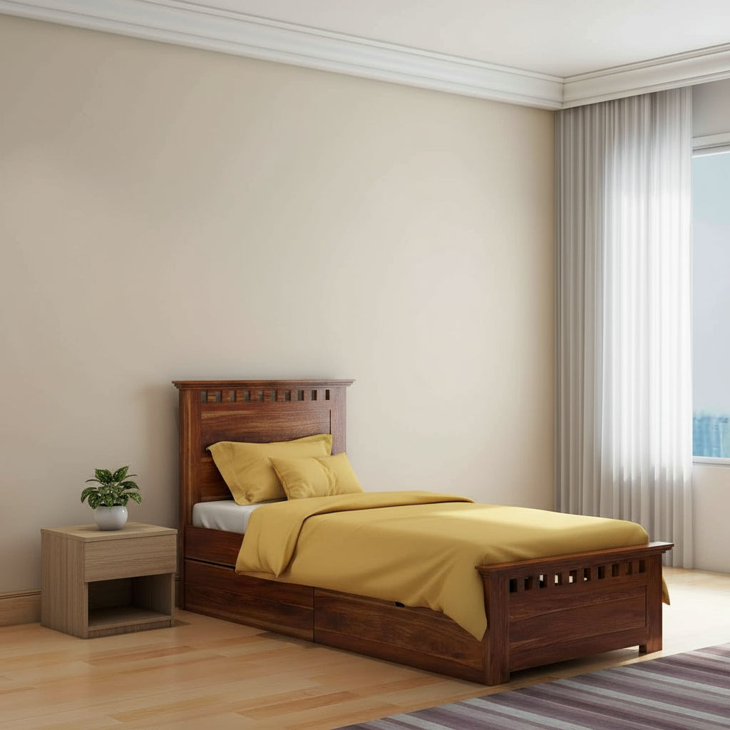 Encarna Solid Sheesham Wood Single Bed With Two Drawers (Natural Finish)