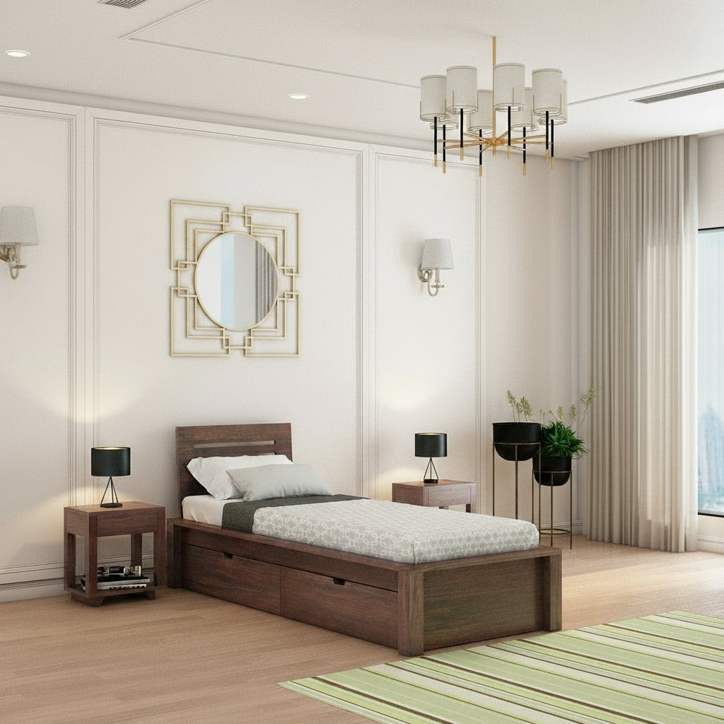 Aurora Solid Sheesham Wood Single Bed With Two Drawers (Walnut Finish)