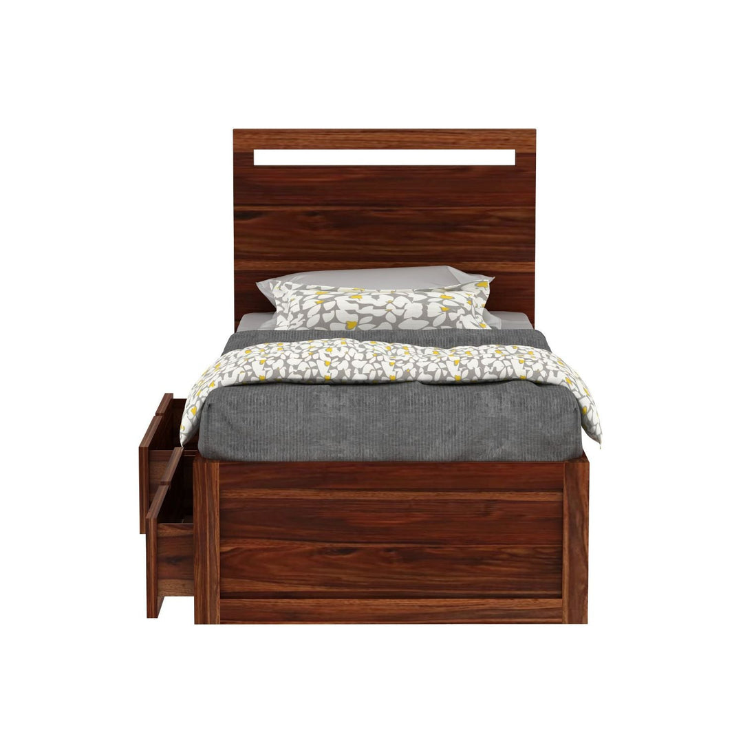 Brenda Solid Sheesham Wood Single Bed With Two Drawers (Natural Finish)