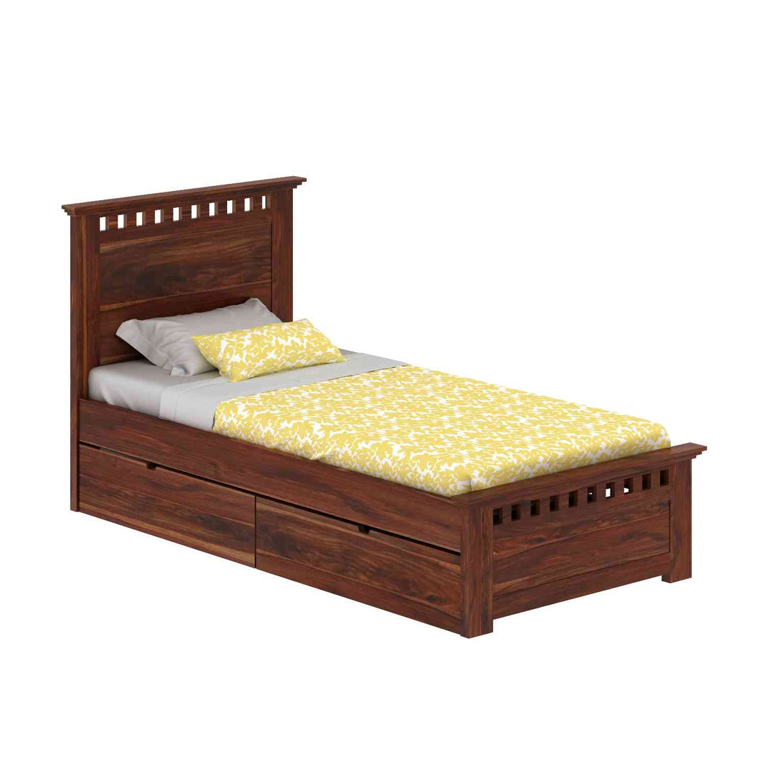 Encarna Solid Sheesham Wood Single Bed With Two Drawers (Natural Finish)