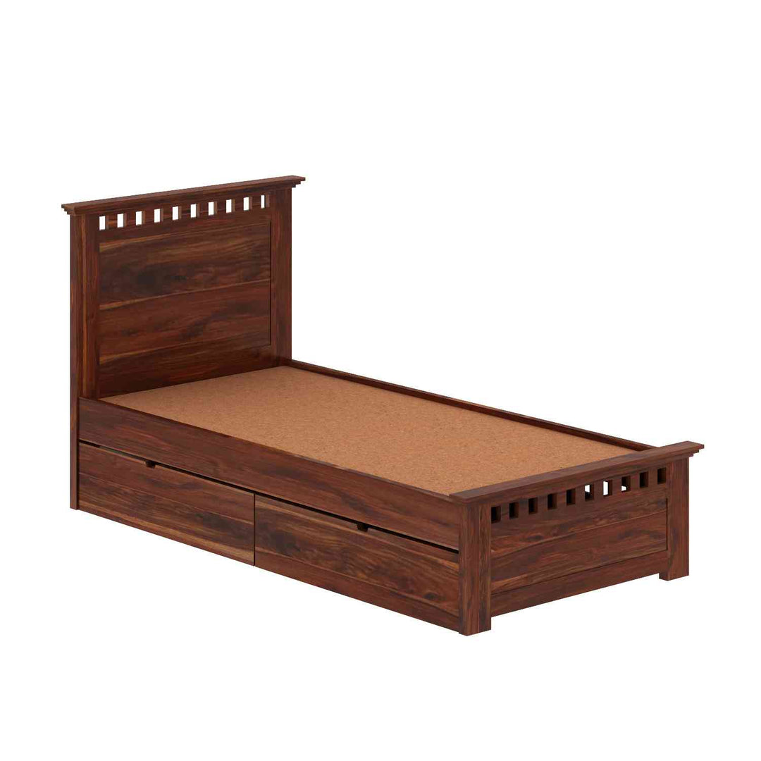 Encarna Solid Sheesham Wood Single Bed With Two Drawers (Natural Finish)
