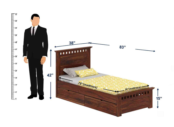 Encarna Solid Sheesham Wood Single Bed With Two Drawers (Natural Finish)