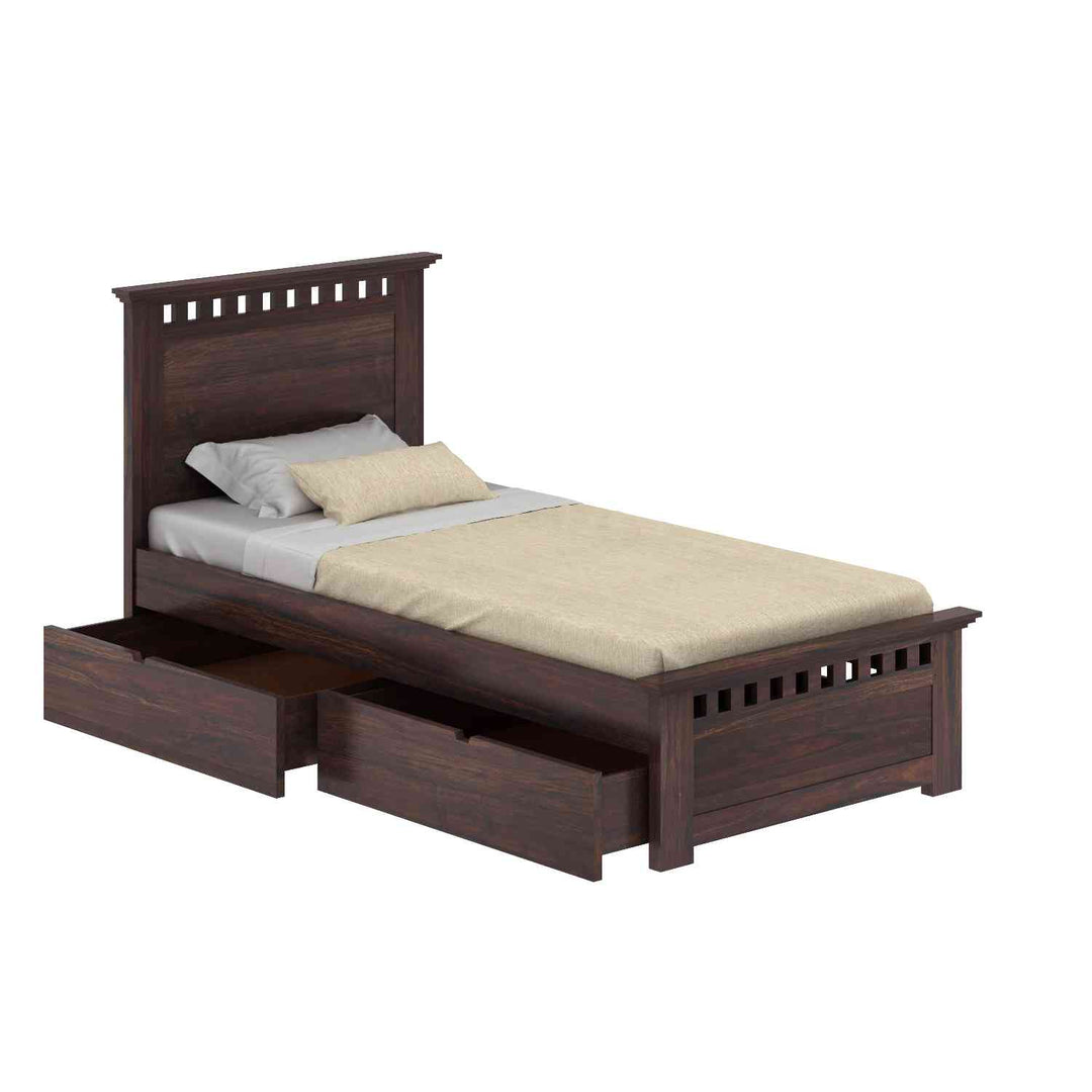 Emilia Solid Sheesham Wood Single Bed With Two Drawers (Walnut Finish)
