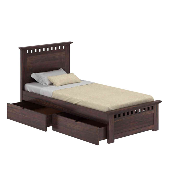 Emilia Solid Sheesham Wood Single Bed With Two Drawers (Walnut Finish)