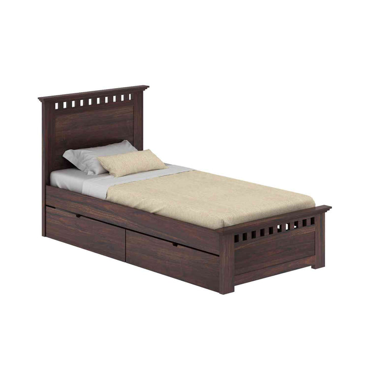 Emilia Solid Sheesham Wood Single Bed With Two Drawers (Walnut Finish)