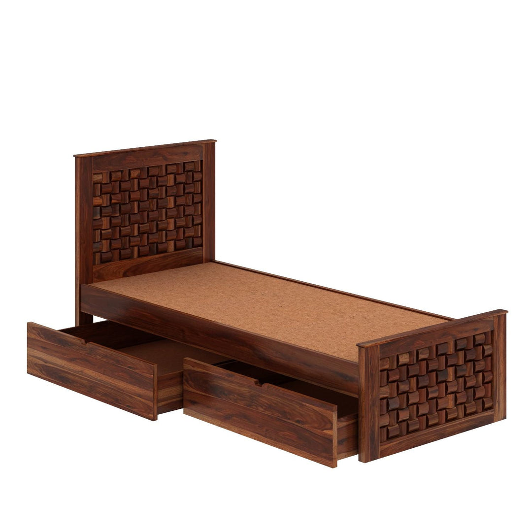 Coral Solid Sheesham Wood Single Bed With Two Drawers (Natural Finish)