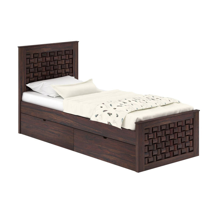 Clarisa Solid Sheesham Wood Single Bed With Two Drawers (Walnut Finish)