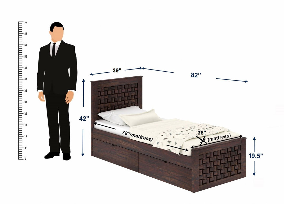 Clarisa Solid Sheesham Wood Single Bed With Two Drawers (Walnut Finish)