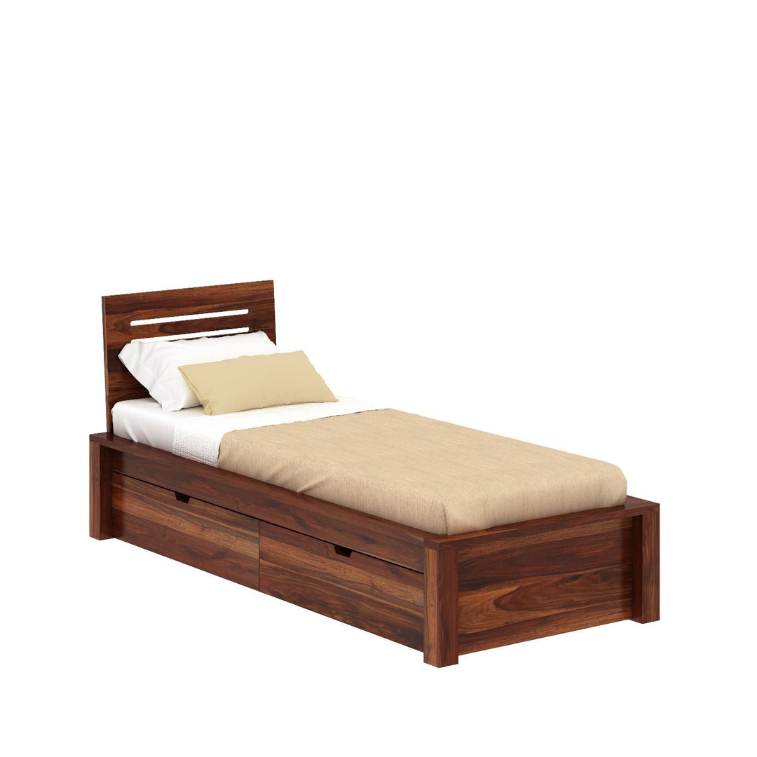 Ariana Solid Sheesham Wood Single Bed With Two Drawers (Natural Finish)