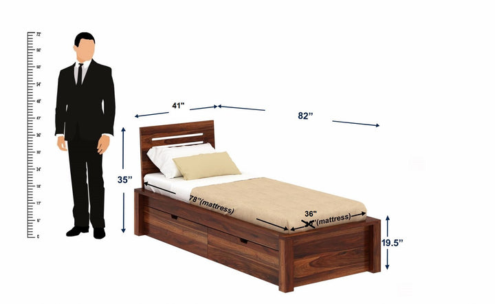 Ariana Solid Sheesham Wood Single Bed With Two Drawers (Natural Finish)