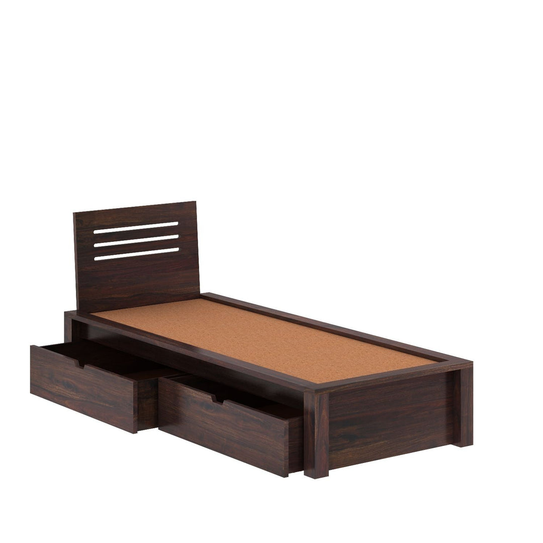 Aurora Solid Sheesham Wood Single Bed With Two Drawers (Walnut Finish)