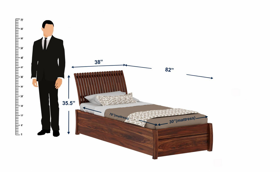 Adela Solid Sheesham Wood Single Bed With Drawer Storage (Natural Finish)