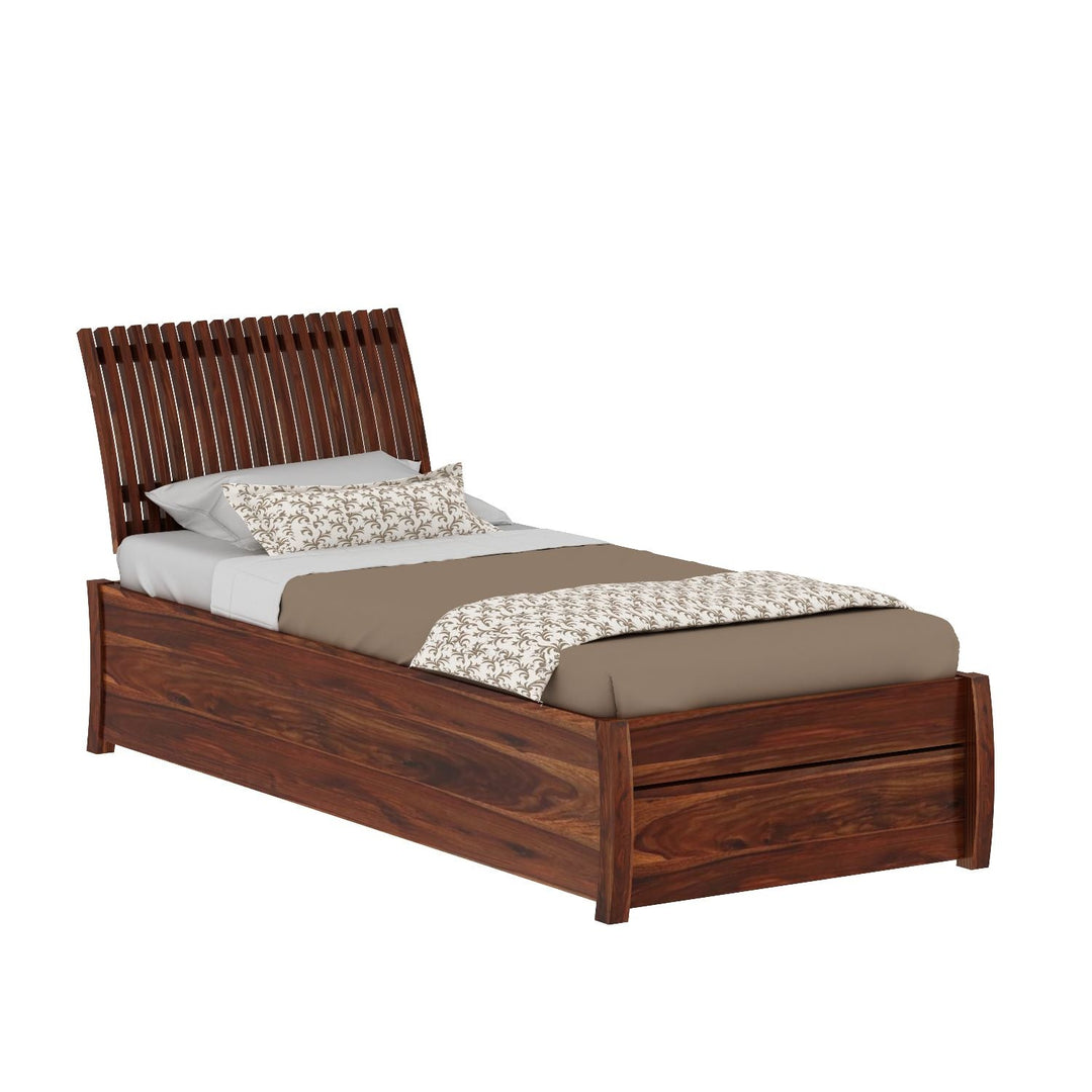 Adela Solid Sheesham Wood Single Bed With Drawer Storage (Natural Finish)