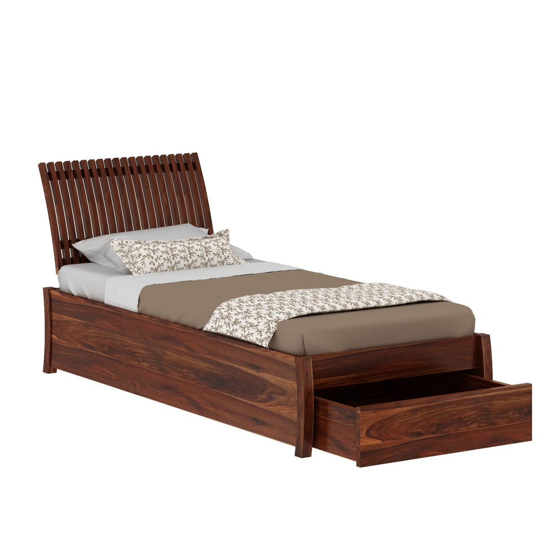 Adela Solid Sheesham Wood Single Bed With Drawer Storage (Natural Finish)
