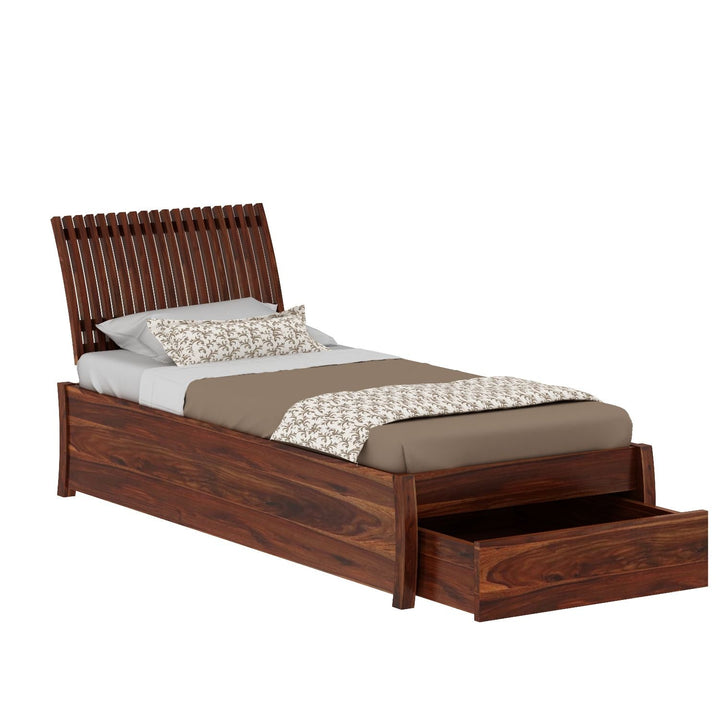 Adela Solid Sheesham Wood Single Bed With Drawer Storage (Natural Finish)