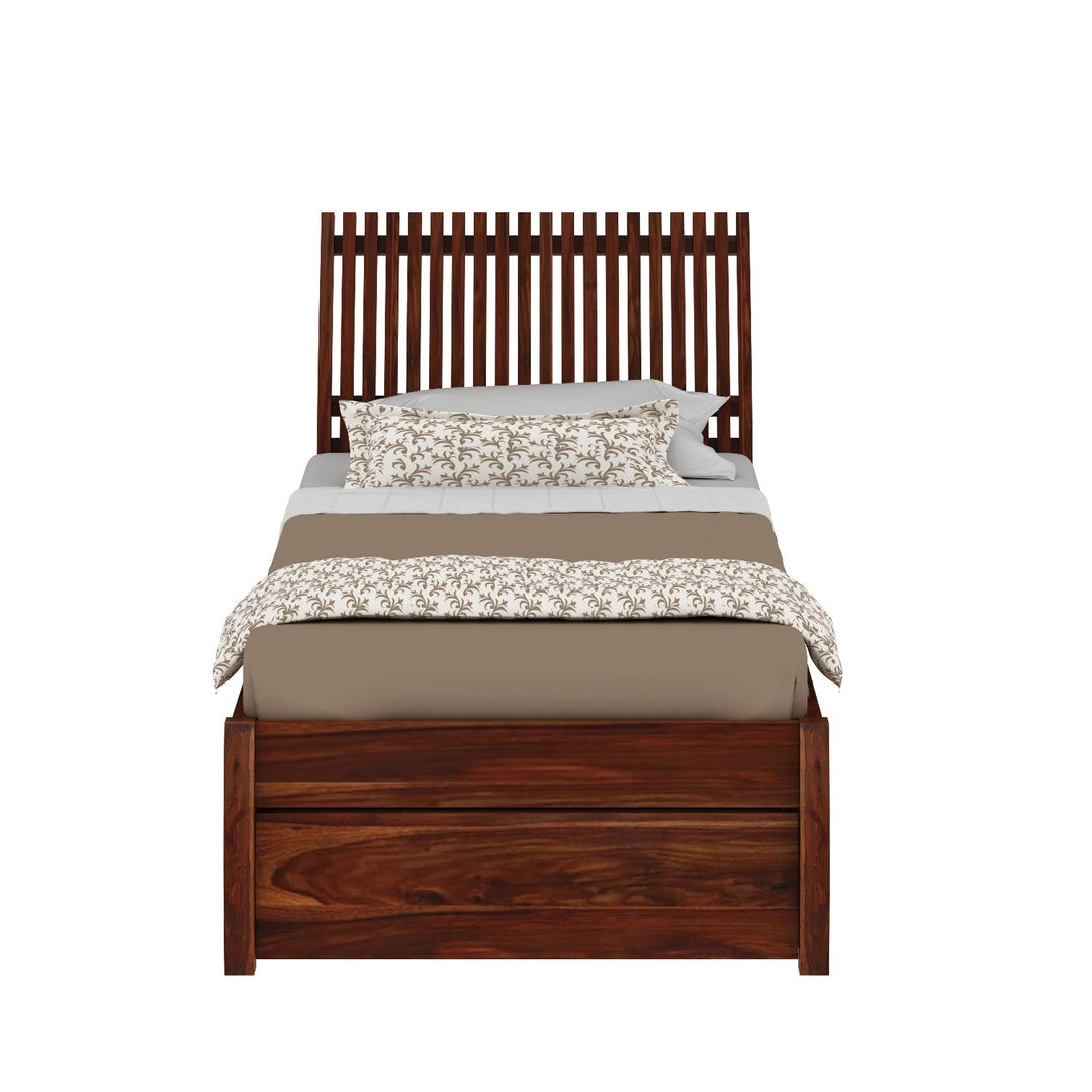 Adela Solid Sheesham Wood Single Bed With Drawer Storage (Natural Finish)