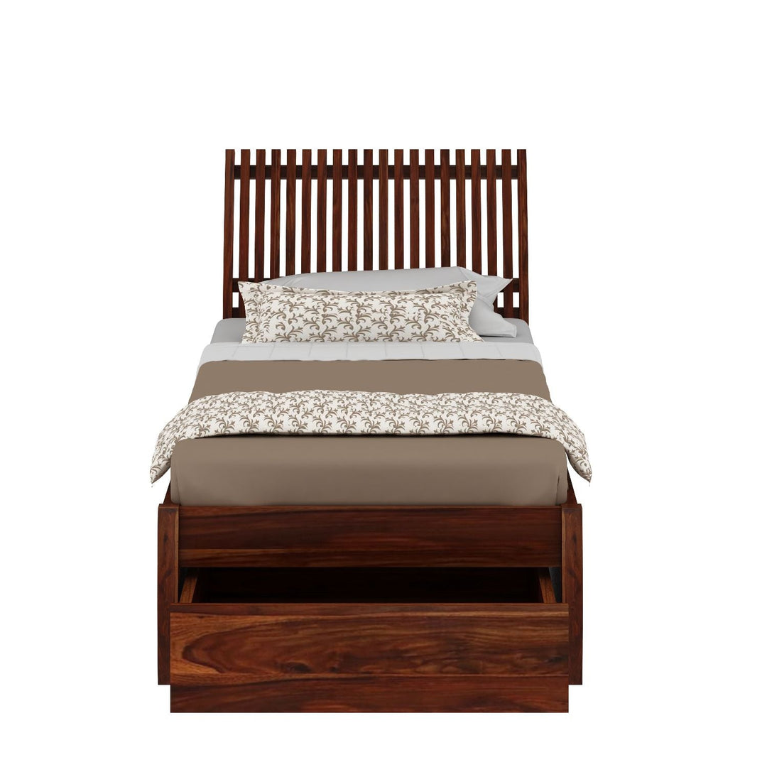 Adela Solid Sheesham Wood Single Bed With Drawer Storage (Natural Finish)