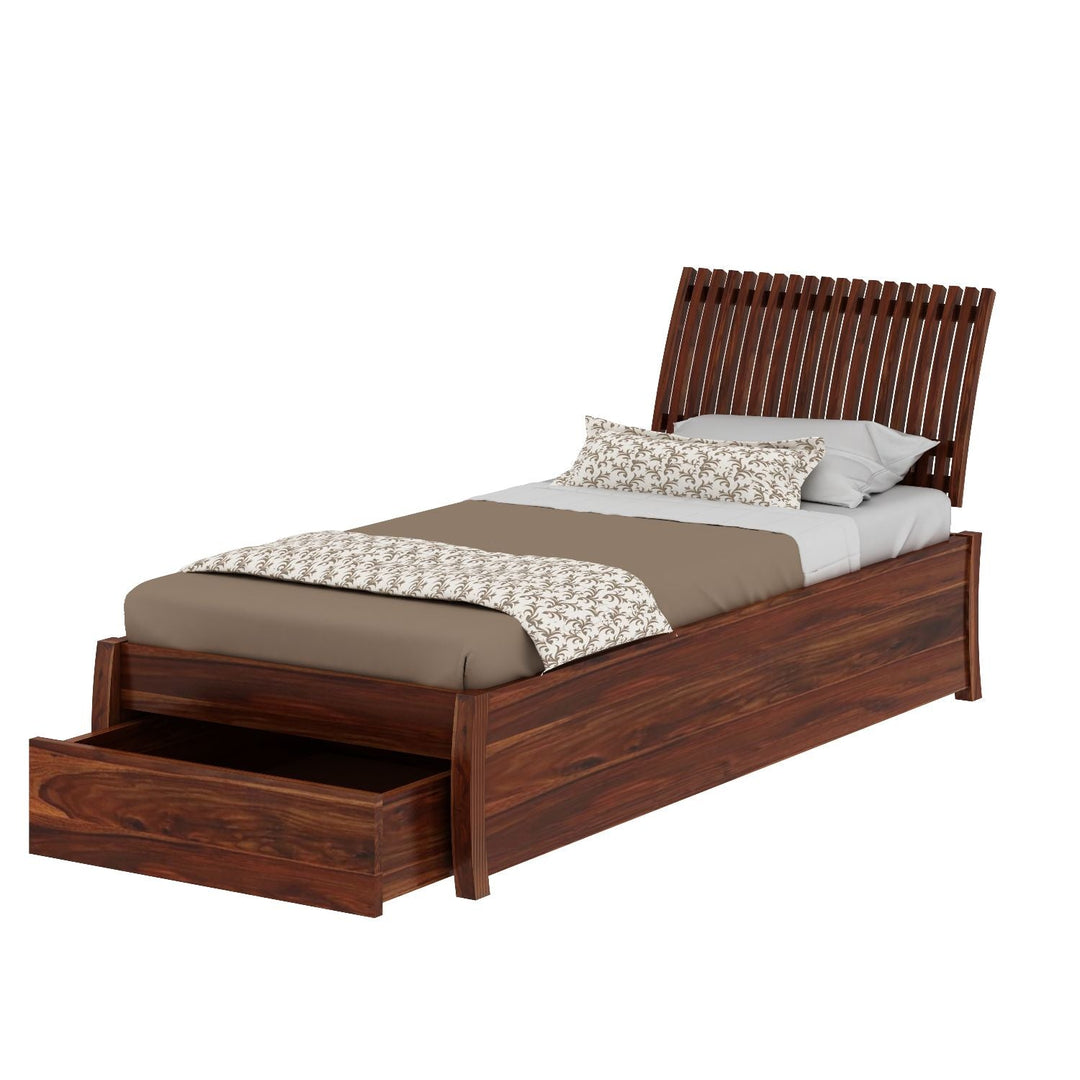 Adela Solid Sheesham Wood Single Bed With Drawer Storage (Natural Finish)