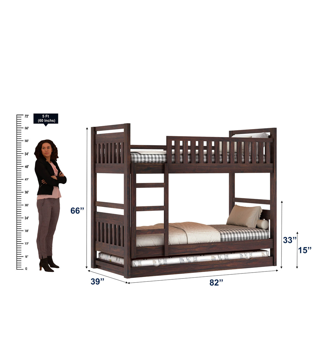 Teresa Solid Sheesham Wood Bunk Bed With Ladder & Trundle Bed
