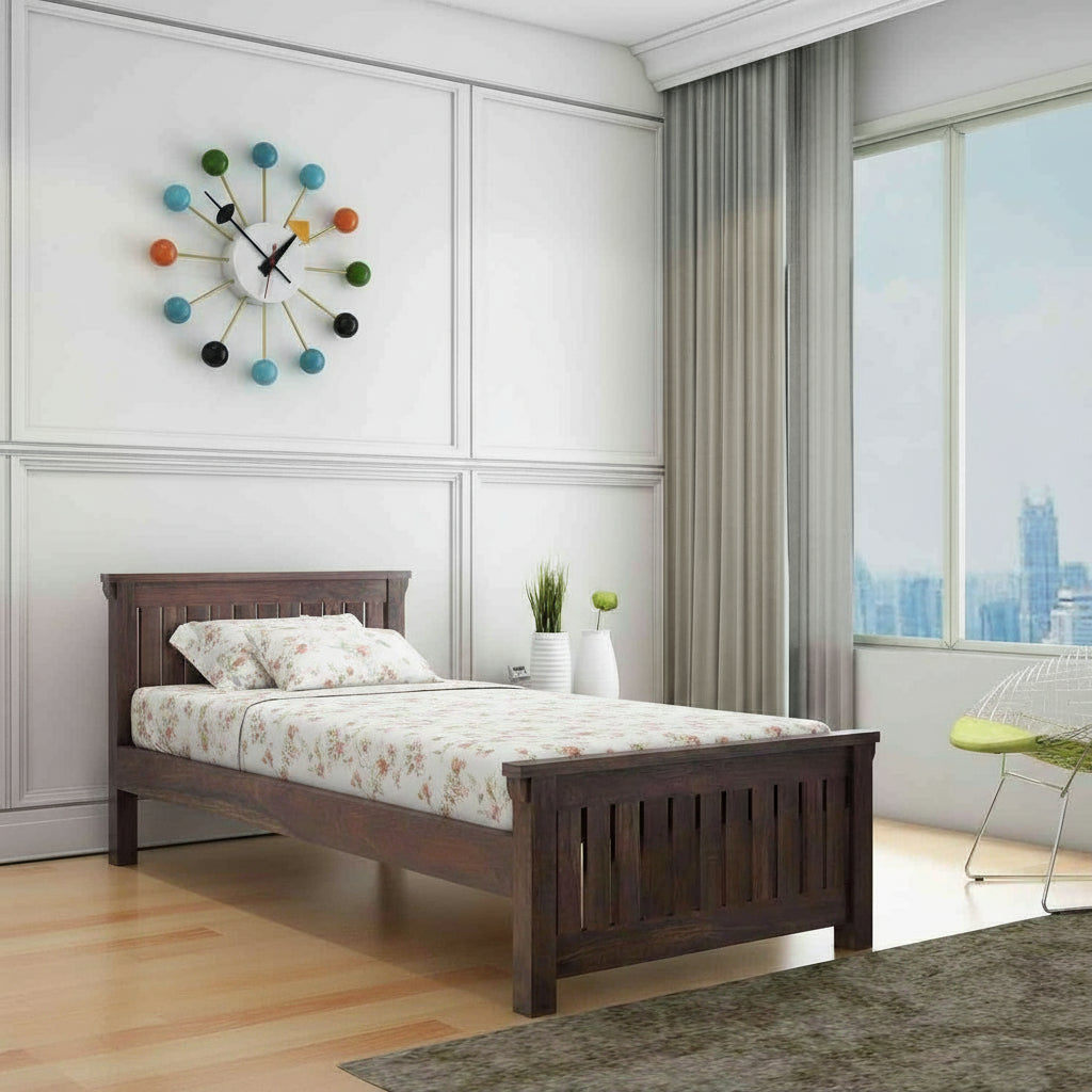 Basilia Solid Sheesham Wood Single Bed Without Storage (Walnut Finish)