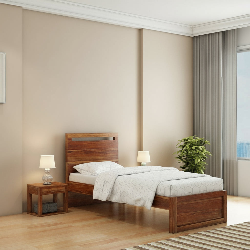 Benita Solid Sheesham Wood Single Bed Without Storage (Natural Finish)