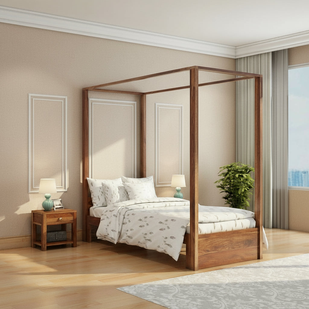 Desiree Solid Sheesham Wood Single Poster Bed Without Storage (Natural Finish)