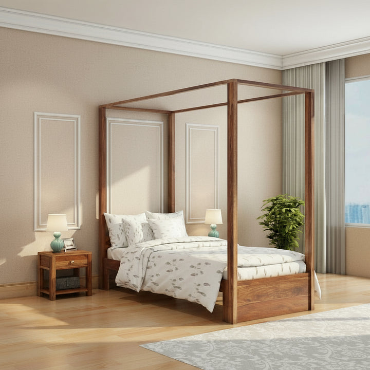 Desiree Solid Sheesham Wood Single Poster Bed Without Storage (Natural Finish)