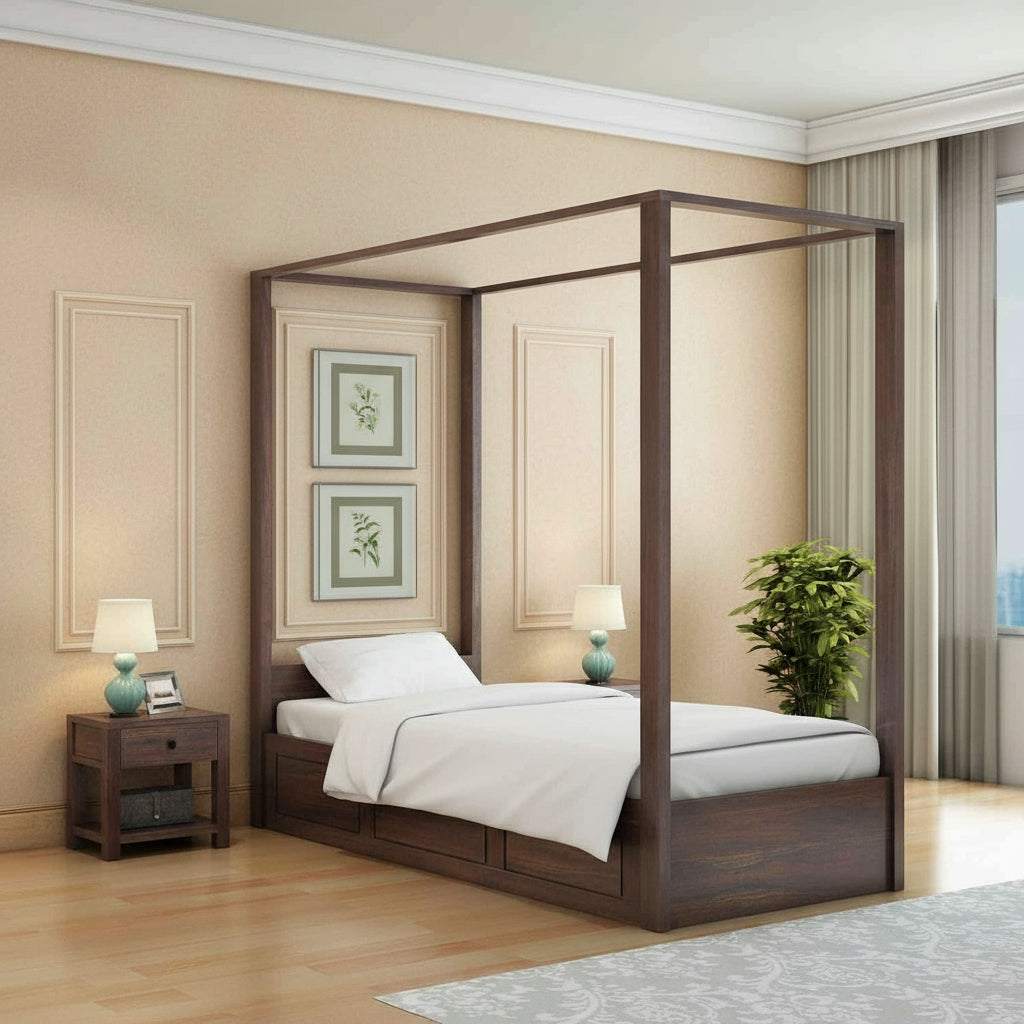 Fabiola Solid Sheesham Wood Single Bed With Box Storage (Walnut Finish)