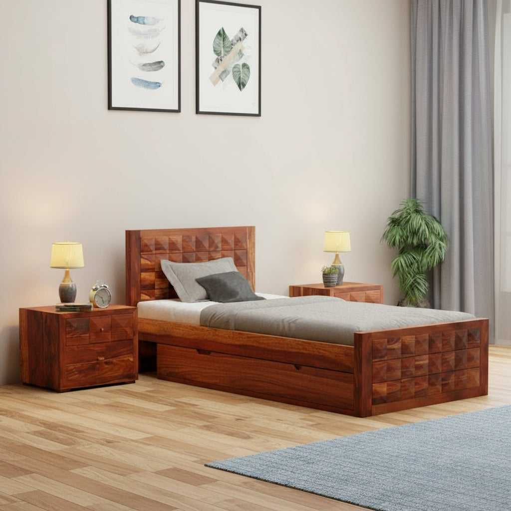 Felisa Solid Sheesham Wood Single Bed With One Drawer (Natural Finish)