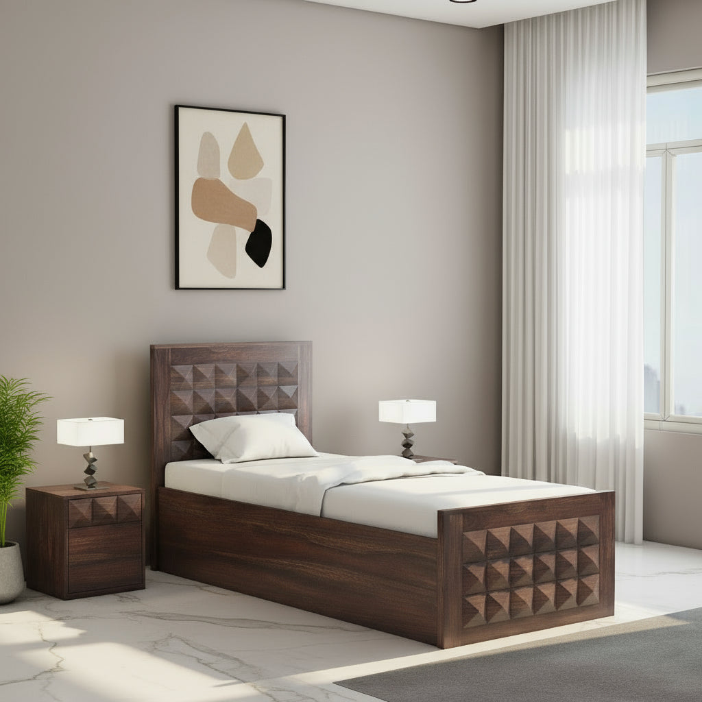 Genoveva Solid Sheesham Wood Single Bed With Box Storage (Walnut Finish)