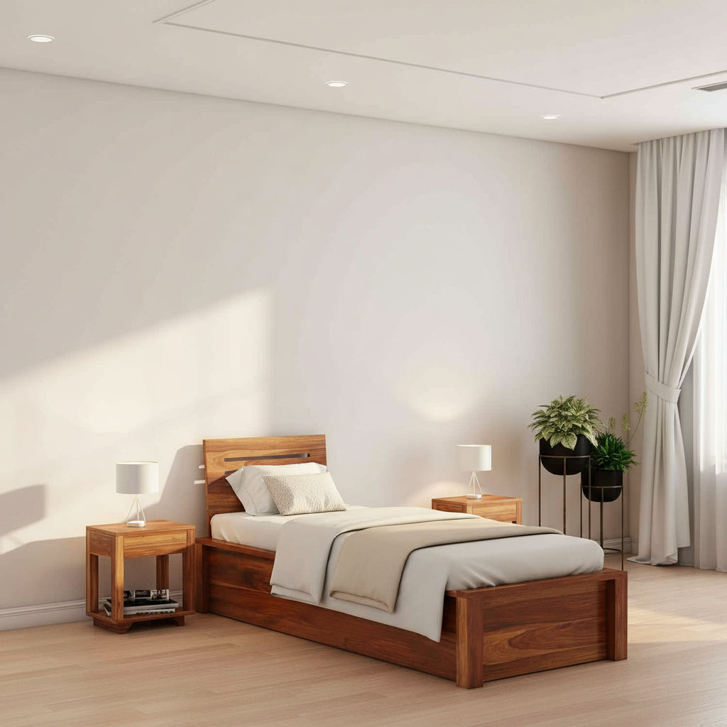 Gloria Solid Sheesham Wood Single Bed With Box Storage (Natural Finish)