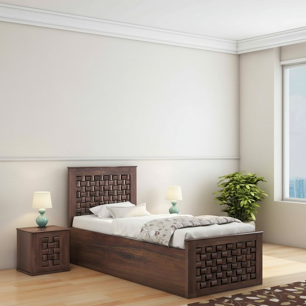 Iliana Solid Sheesham Wood Single Bed With Box Storage (Walnut Finish)