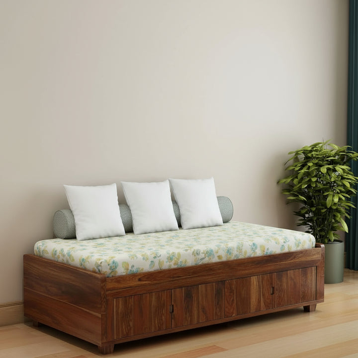 Jacinta Solid Sheesham Wood Single Bed Cum Day Bed With Door Storage (With Mattress, Natural Finish)