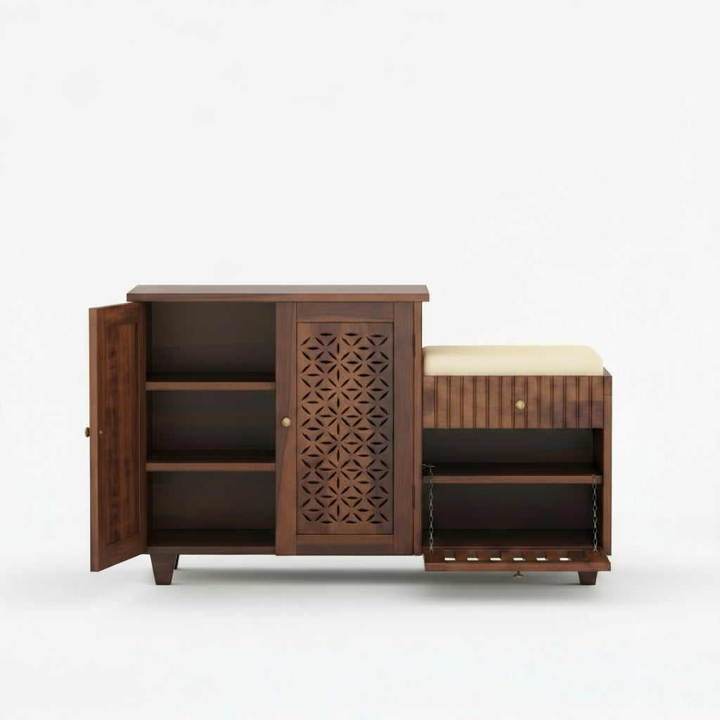 Lorena Sheesham wood shoe rack with seating