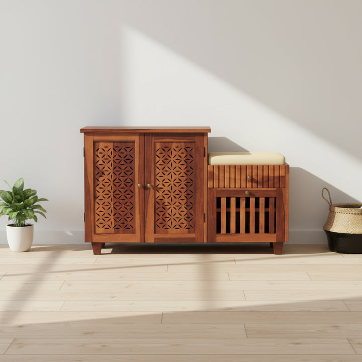 Lorena Sheesham wood shoe rack with seating