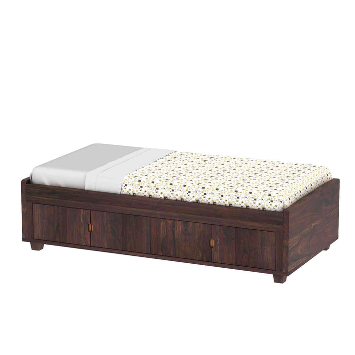Judith Solid Sheesham Wood Single Bed Cum Day Bed With Door Storage (With Mattress, Walnut Finish)