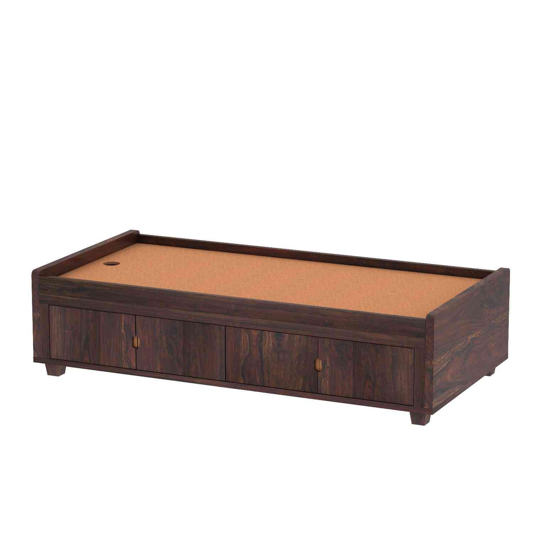 Judith Solid Sheesham Wood Single Bed Cum Day Bed With Door Storage (With Mattress, Walnut Finish)
