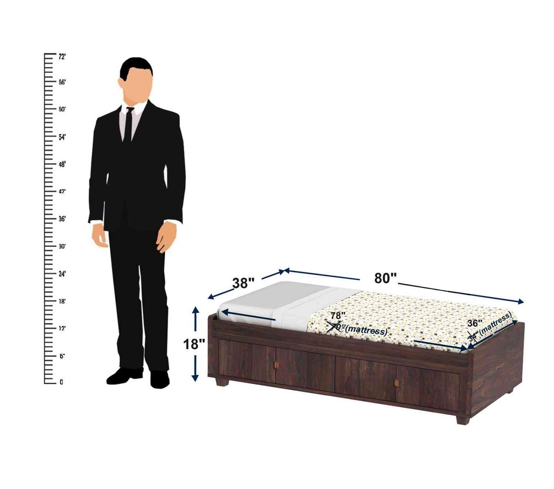 Judith Solid Sheesham Wood Single Bed Cum Day Bed With Door Storage (With Mattress, Walnut Finish)