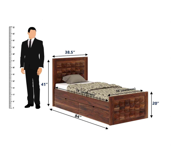 Filomena Solid Sheesham Wood Single Bed With Two Drawer (Natural Finish)