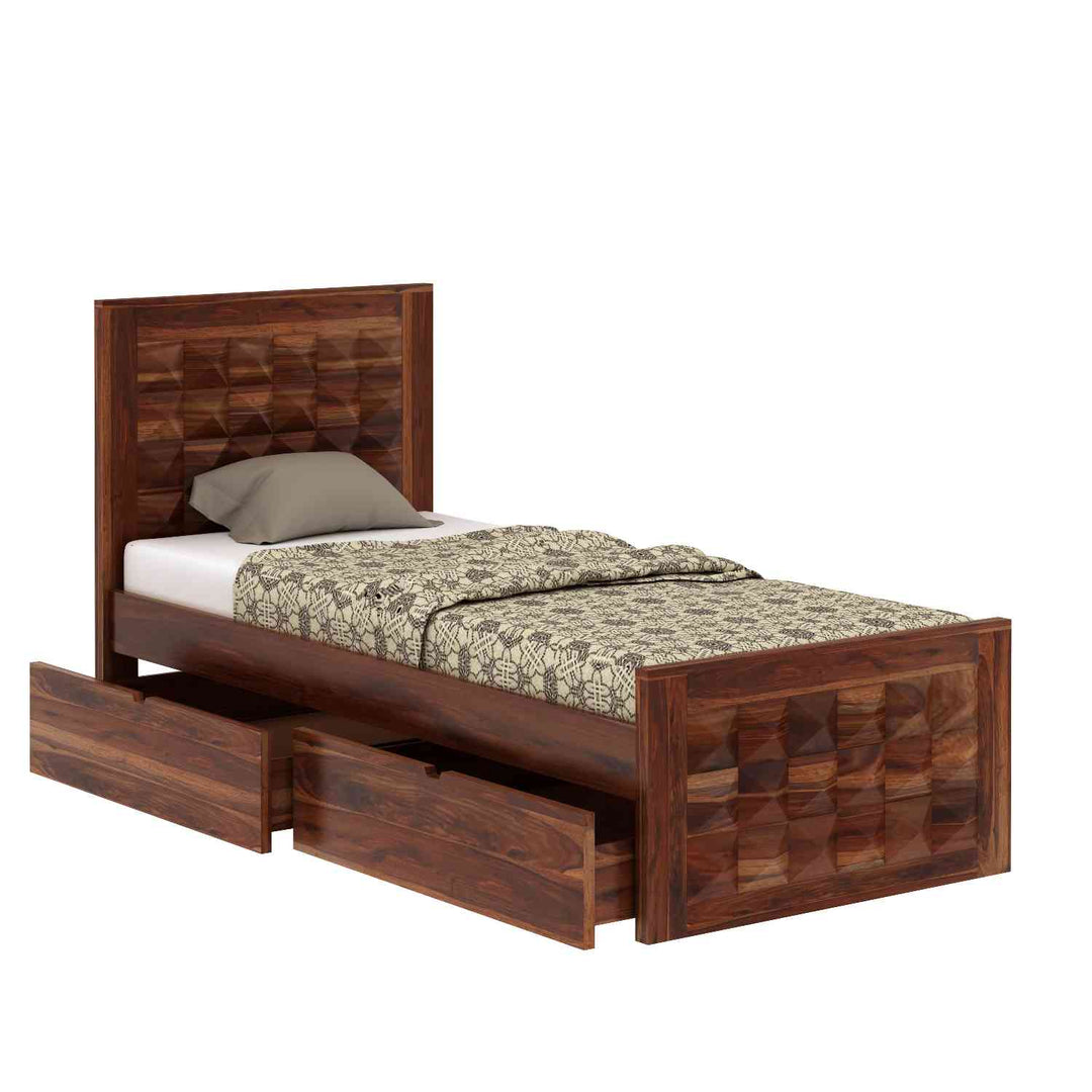Filomena Solid Sheesham Wood Single Bed With Two Drawer (Natural Finish)