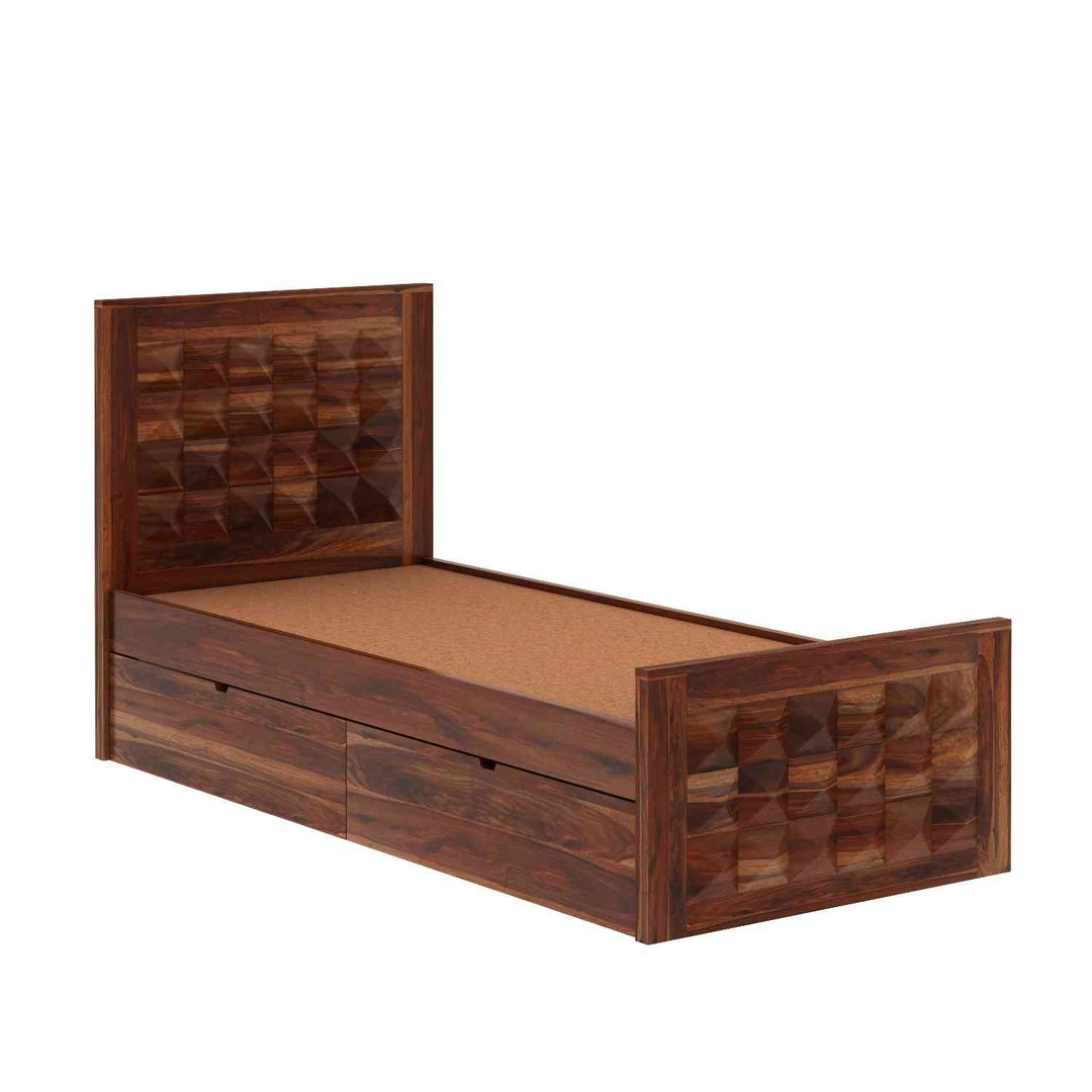 Filomena Solid Sheesham Wood Single Bed With Two Drawer (Natural Finish)