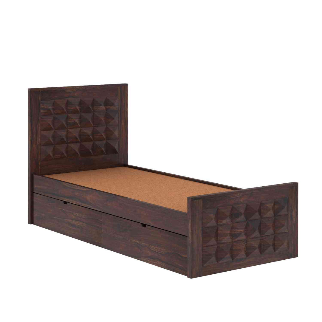 Flor Solid Sheesham Wood Single Bed With Two Drawer (Walnut Finish)