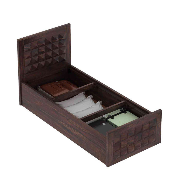 Genoveva Solid Sheesham Wood Single Bed With Box Storage (Walnut Finish)