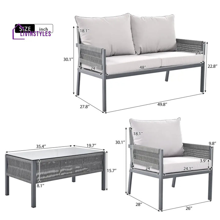 Amaya 4 Seater Aluminium And Rope Outdoor Sofa Set With Tempered Glass Table Grey
