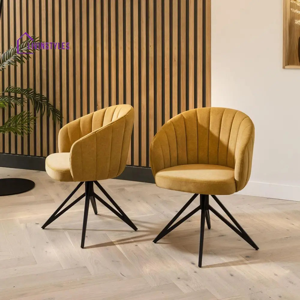Anfisa Dining Chair Set of 2 Swivel Mustard Fabric & Black Hairpin Legs Dining Room / Dining Chairs